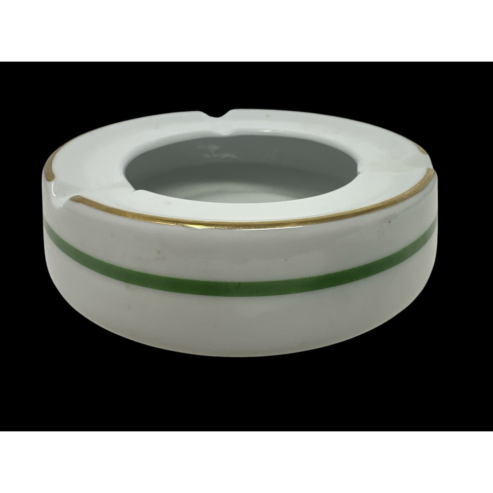 Vintage 1980's White Dankotuwa Porcelain Ashtray Green Stripe With Gold Rim EUC